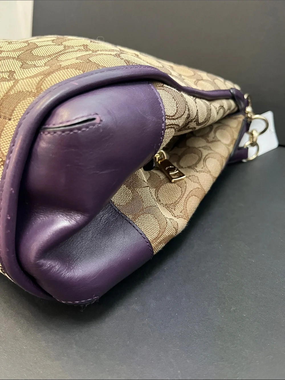 Coach Brown Signature Jacquard Shoulder Bag with Purple Trim. 3 compartments.GUC